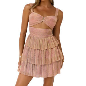 Hello Molly Shimmering Socialite Rose Gold Glam Coquette Tiered Ruffle Dress SML